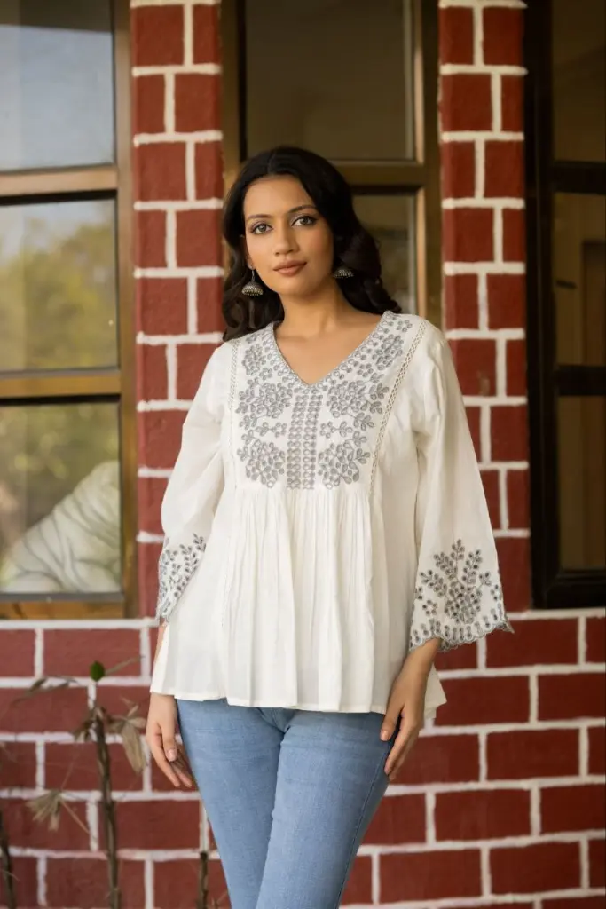 White Schiffli Embroidered Mull Mull Cotton Top