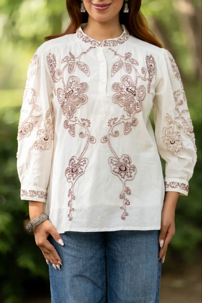 Ivory Bloom Embroidered Cotton Top
