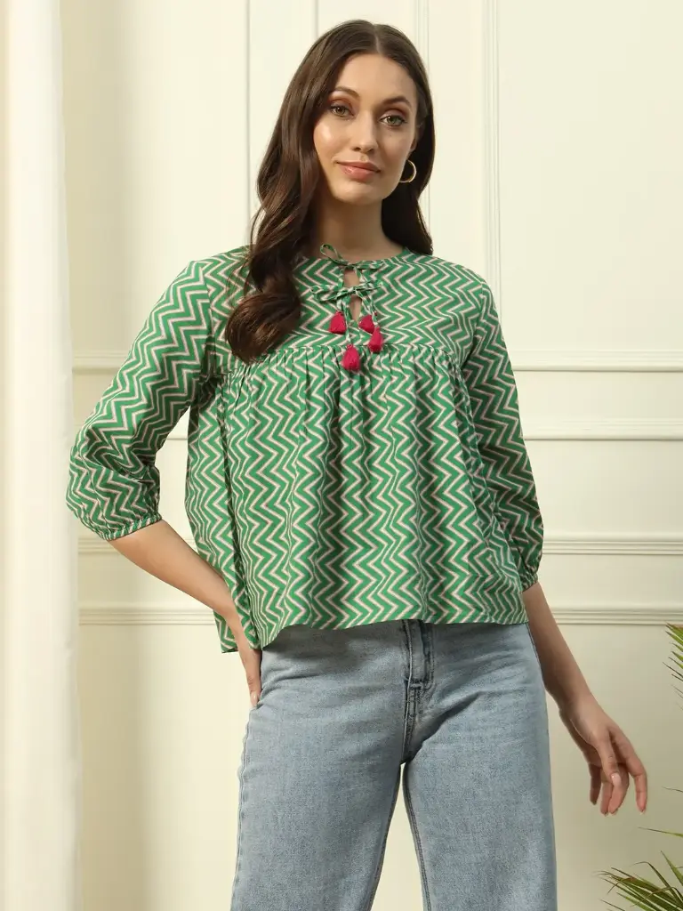 Green Zigzag Strip Printed Cotton Top
