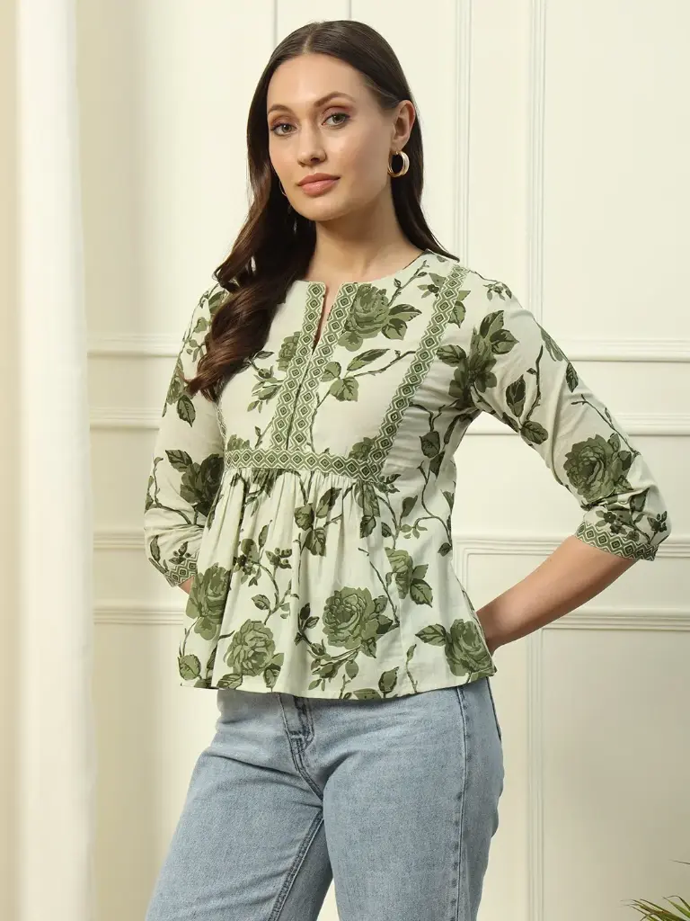 Pista Green Floral Printed Cotton Top