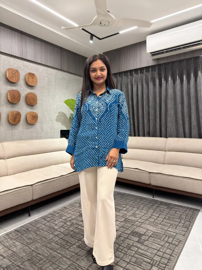 Indigo Bandhani Print Natural Crepe Shirt