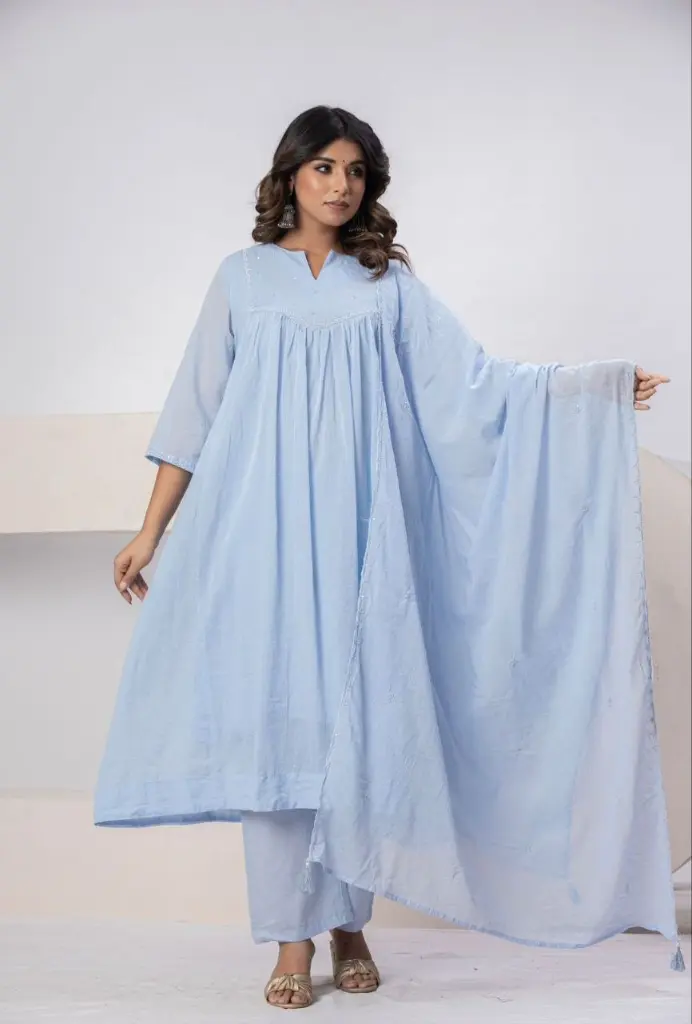 Sky Blue Mull Mull Cotton 3-Piece Set