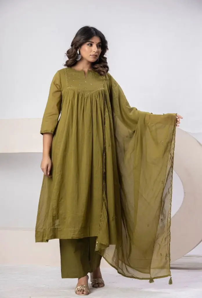 Olive Green Mull Mull Cotton Kurta Set