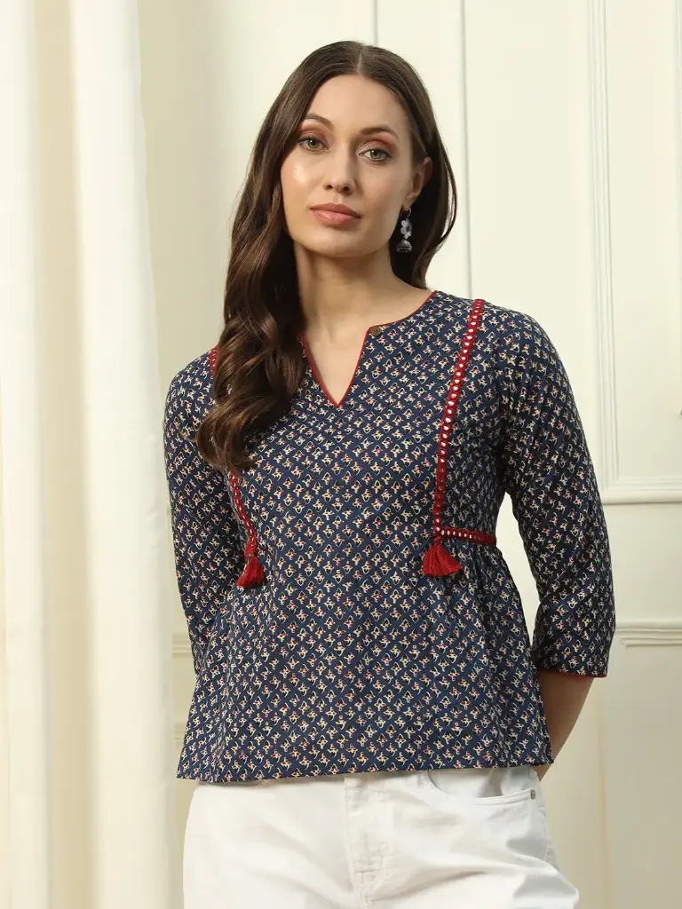 Dark Blue Floral Printed Cotton Top