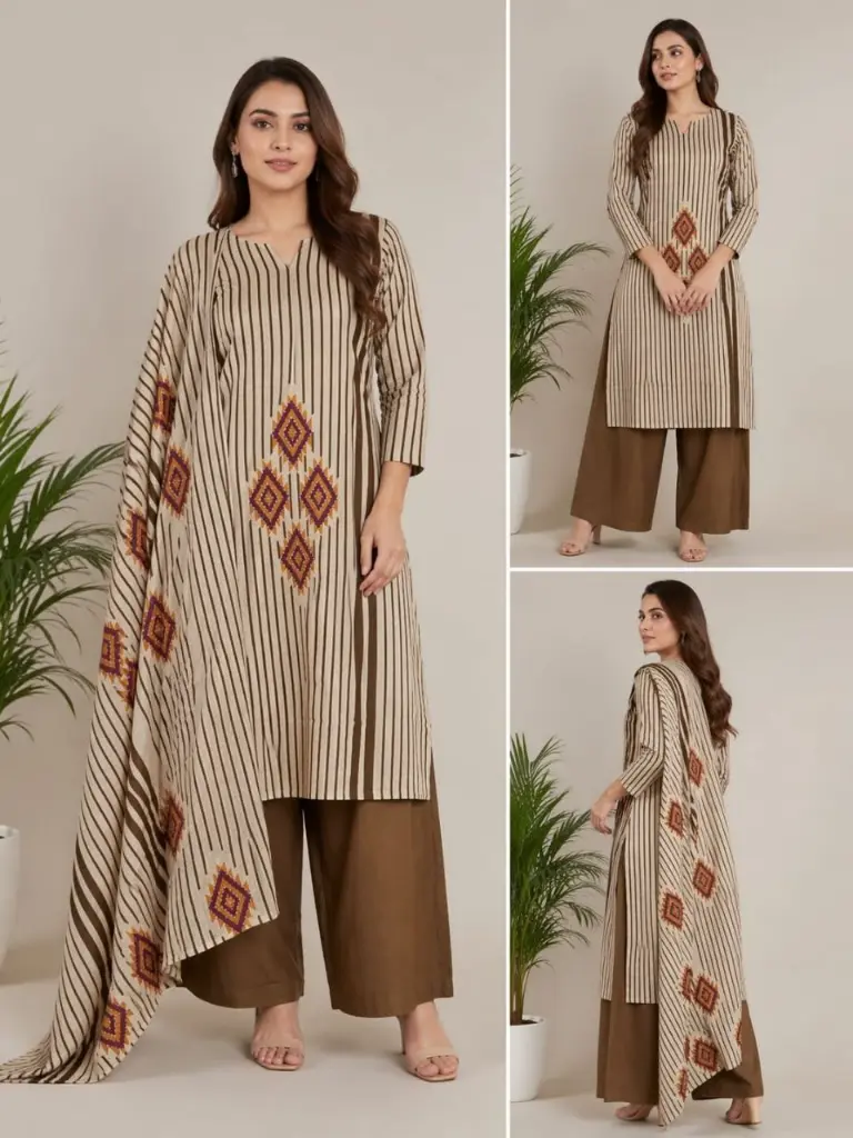 Brown Stripe Cotton Kurta Palazzo Set