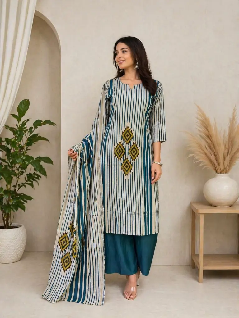 Teal Stripes Handwork Cotton 3-Piece Set