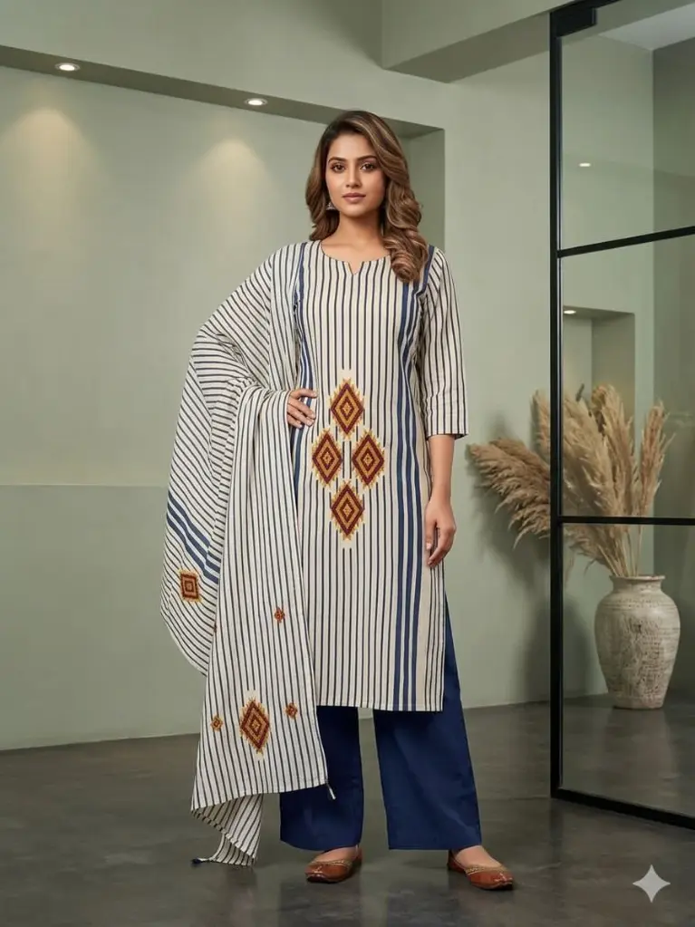 Indigo Stripe Handwork Cotton 3-Piece Set