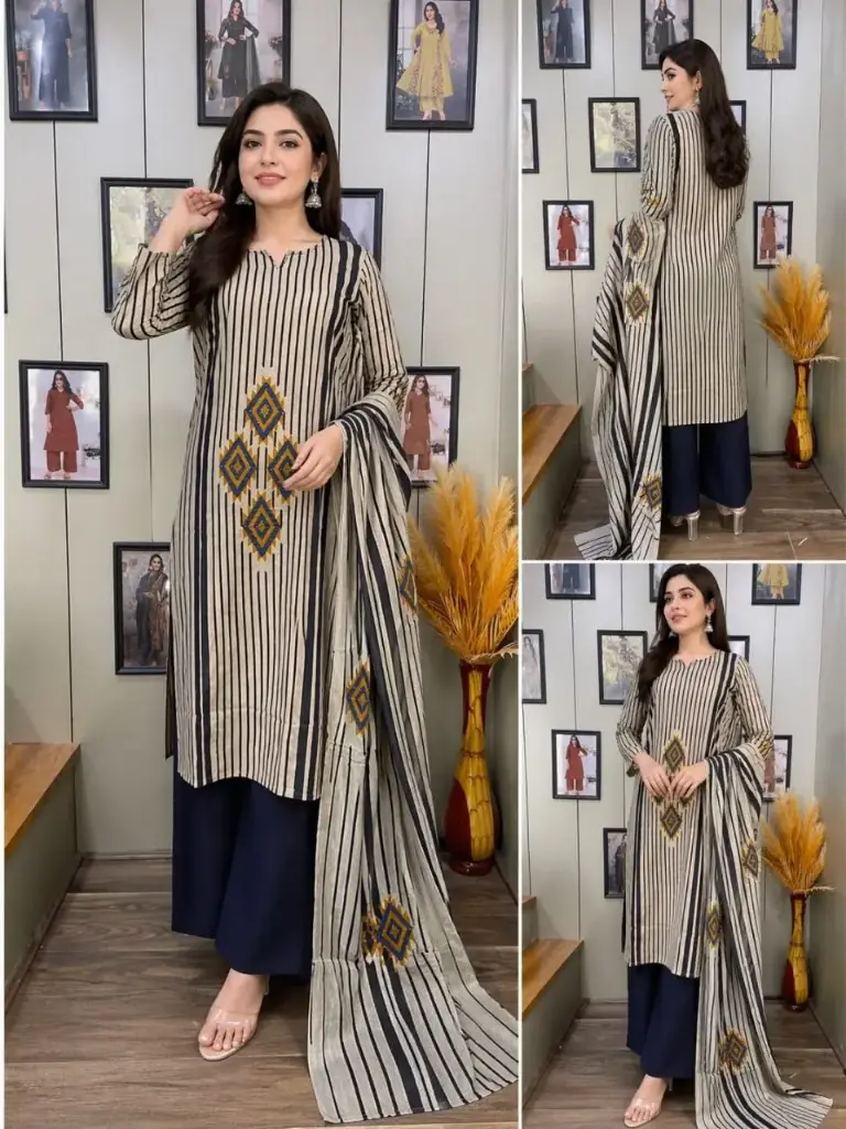 Midnight Stripe Handwork Cotton 3-Piece Set