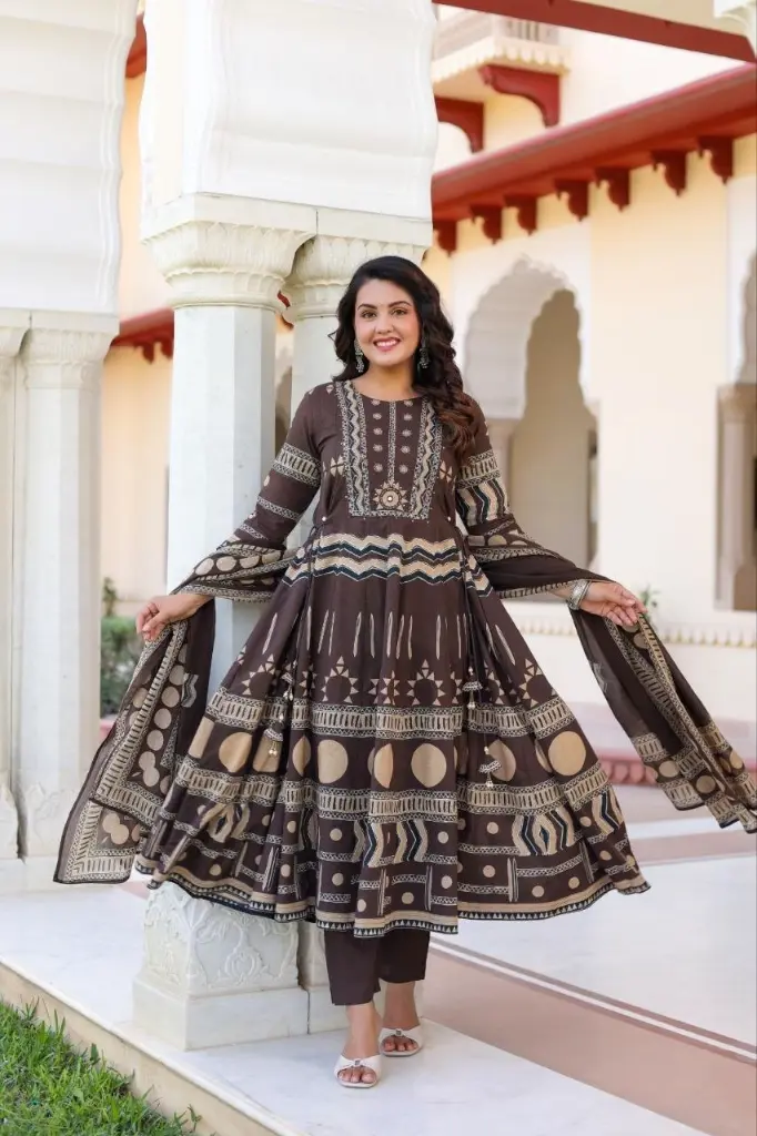 Cocoa Charm Geometric Anarkali Set