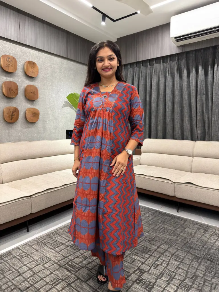 Rust Indigo Zigzag Cotton Kurta Set