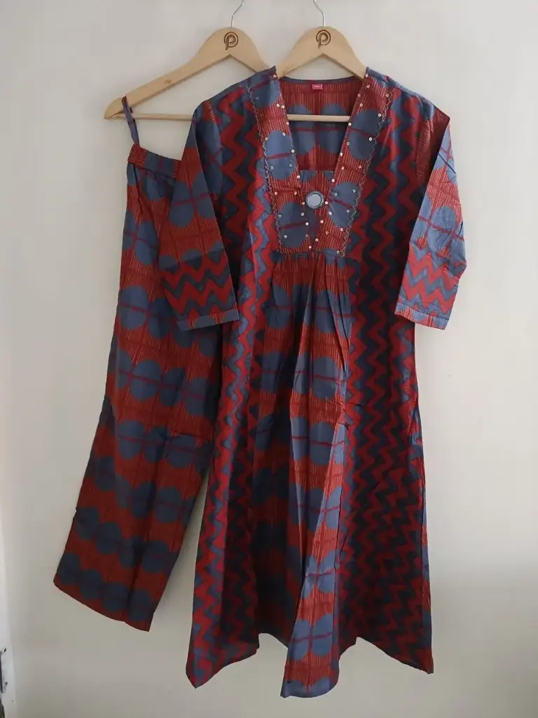 Rust Indigo Zigzag Cotton Kurta Set