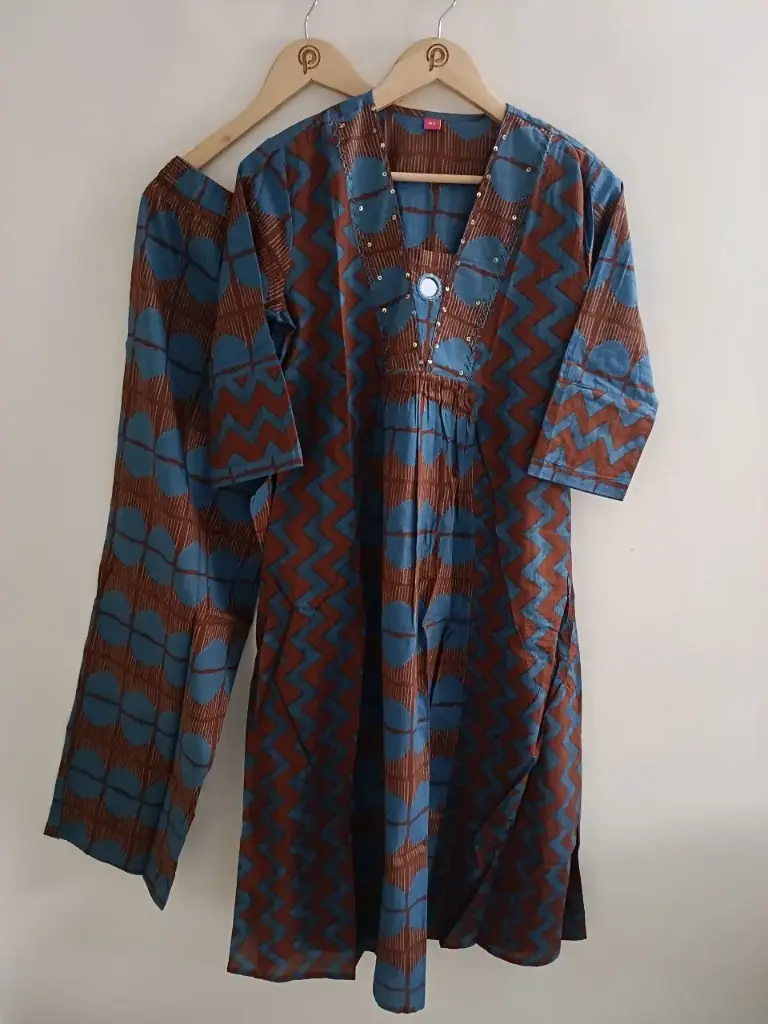 Teal Rust Zigzag Mirror Work Kurta Set