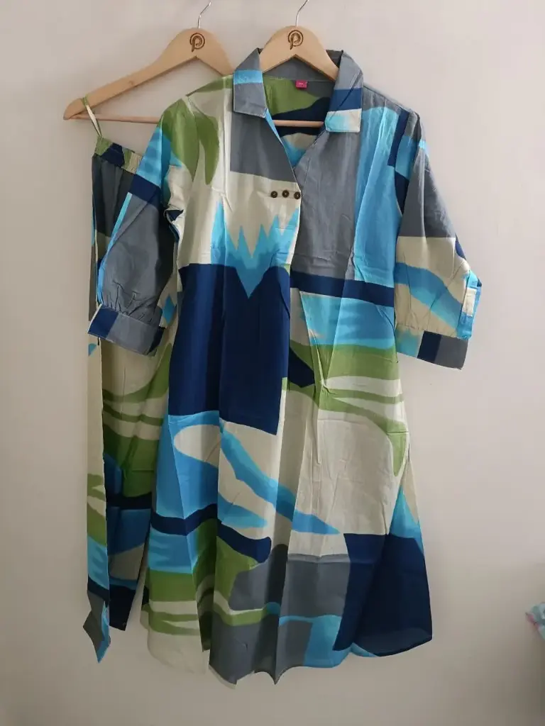 Aqua Abstract Printed Kurta Set