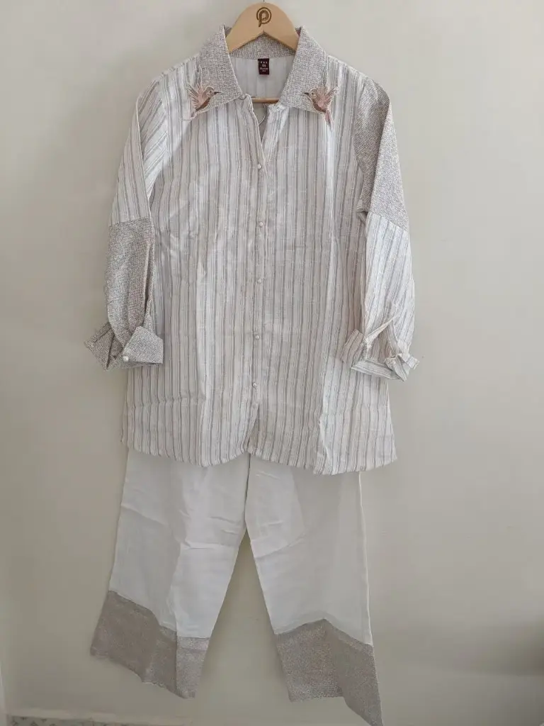 Ivory Stripe Bird Embroidery Cord Set