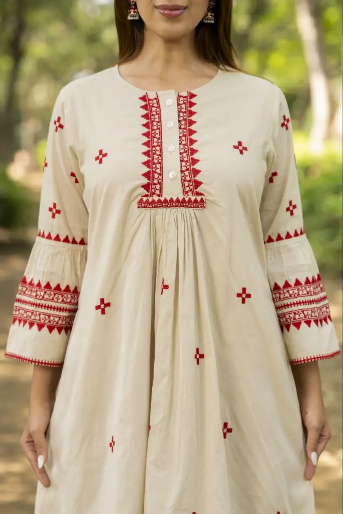 Ivory Red Motif Midi Dress