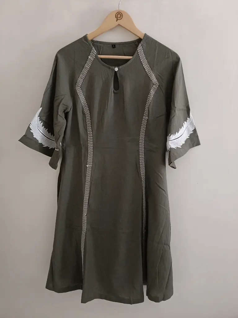 Olive Feather Embroidered Cotton Dress