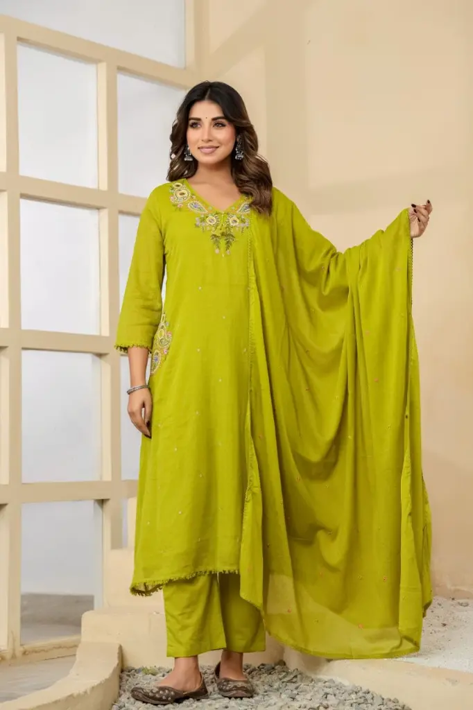 Lime Green Embroidered Mull Cotton Suit Set