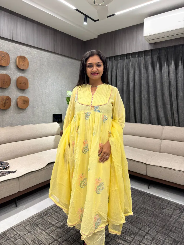 Sunshine yellow Mull Cotton Embroidered Suit Set