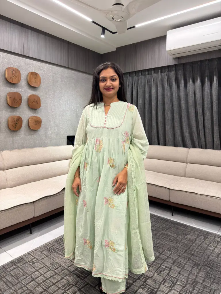 Mint Green yellow Mull Cotton Embroidered Suit Set