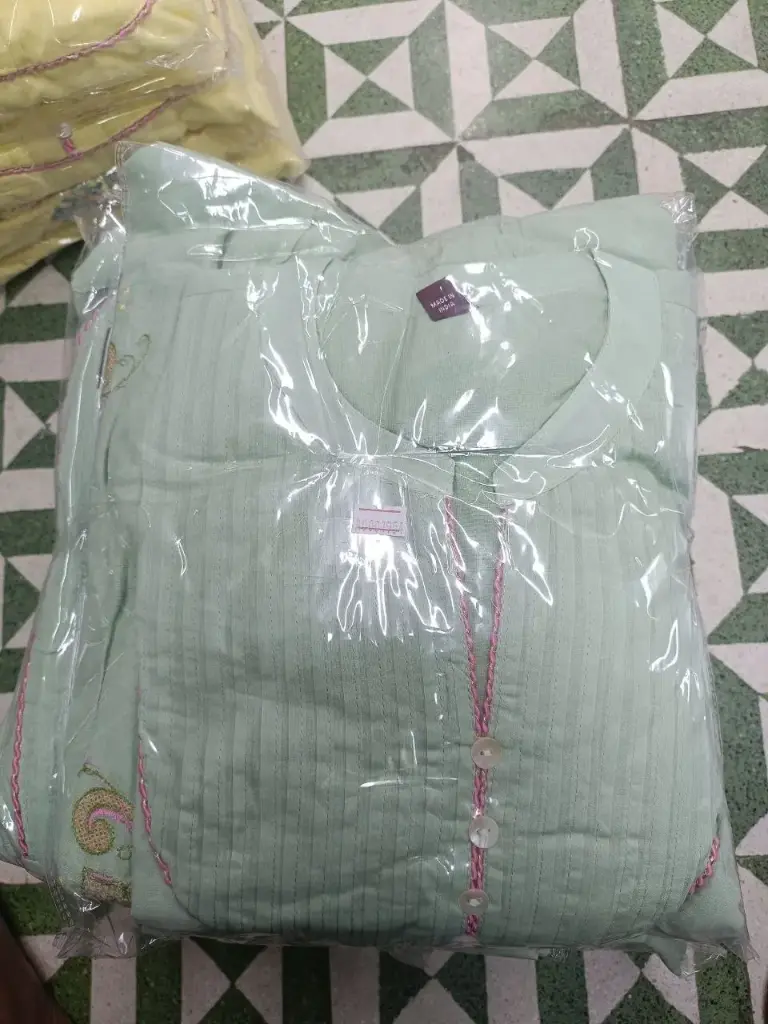 Mint Green yellow Mull Cotton Embroidered Suit Set