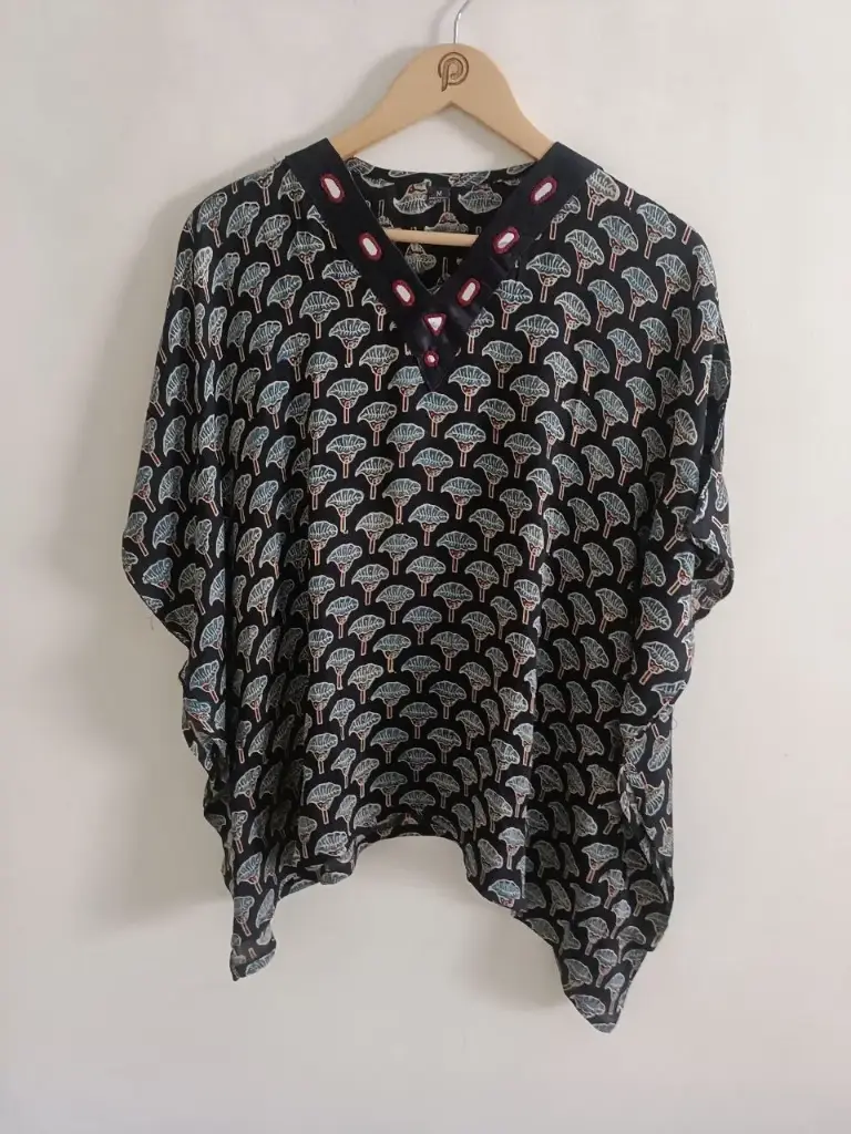 Midnight Ajrakh Leaf Mirror Kaftan Top