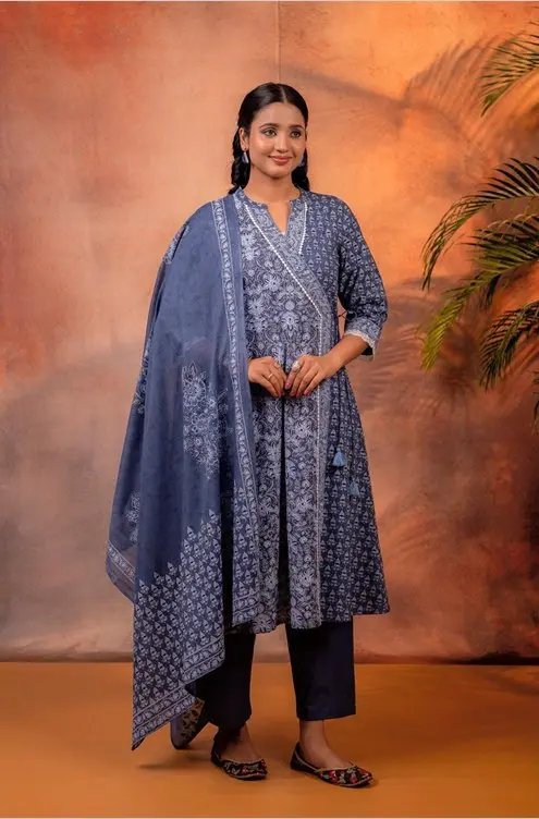 Indigo Ajrakh Cotton Suit Set