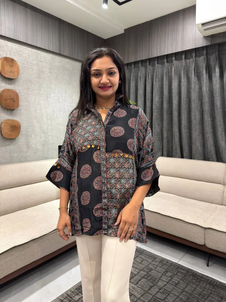 Midnight Ajrakh Patchwork Crepe Shirt