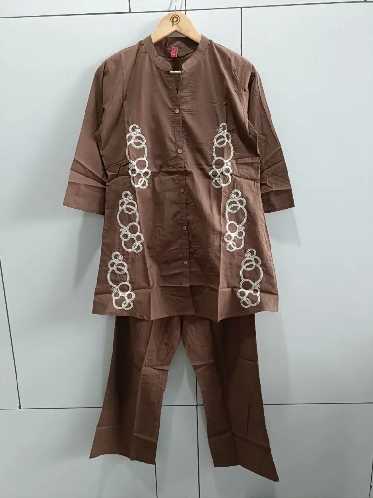 Coffee Brown Abstract Embroidered Cotton Co-ord Set