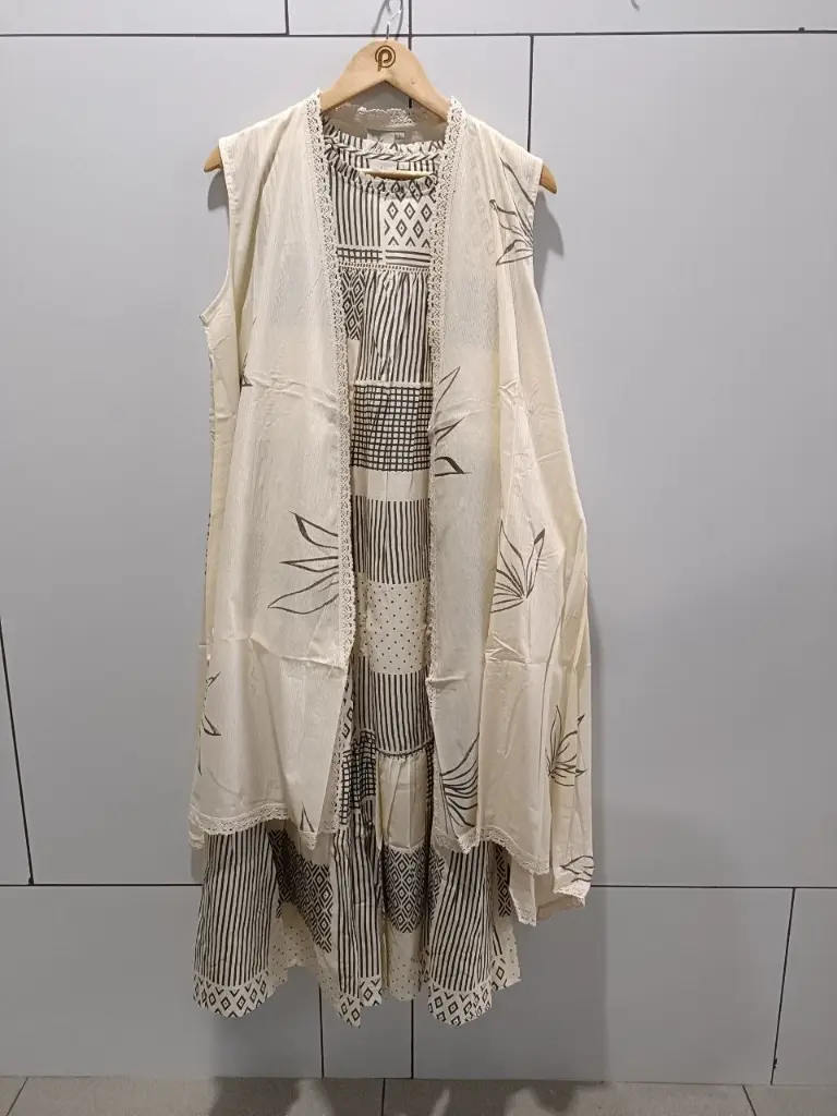 Ivory Geometric Layered Cotton Dress Set
