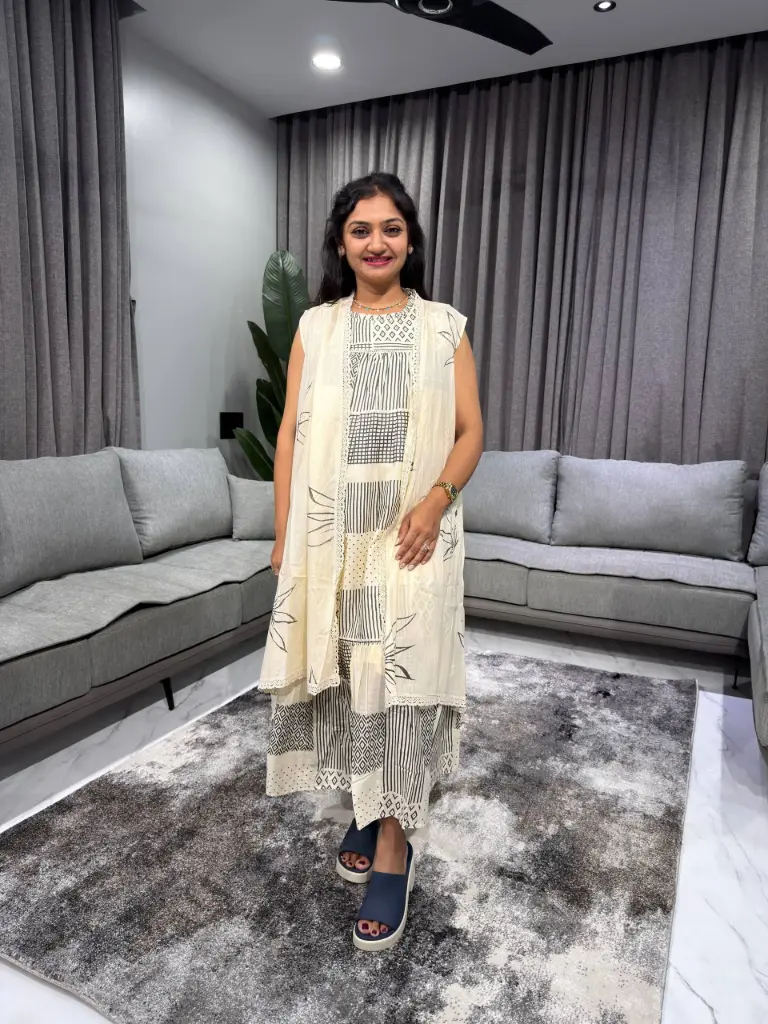 Ivory Geometric Layered Cotton Dress Set