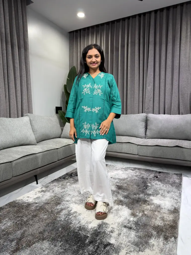 Teal Floral Embroidered Premium Flex Cotton Top
