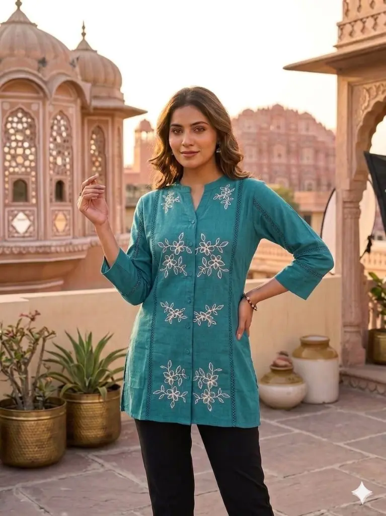 Teal Floral Embroidered Premium Flex Cotton Top