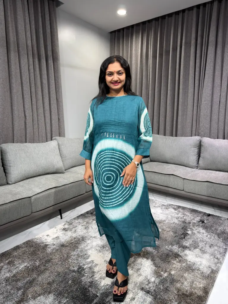 Teal Tie-Dye Circle Print Mull Cotton Kurta Set