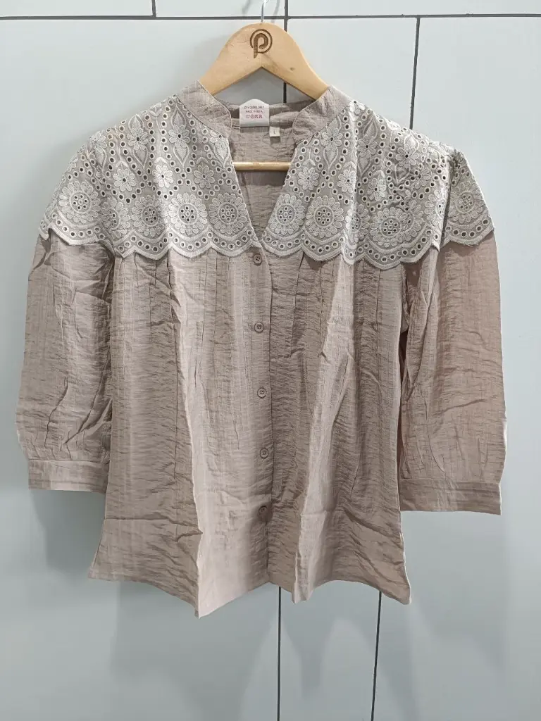 Muted Taupe Schiffli Lace Top