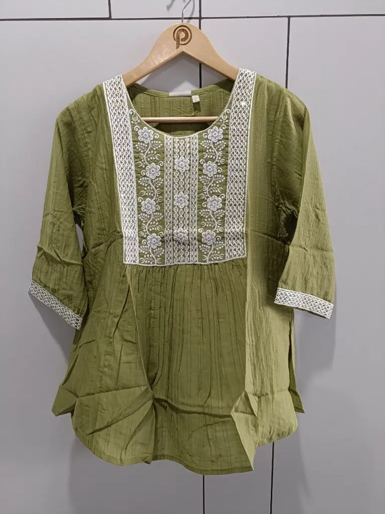 Olive White Embroidered Imported Top