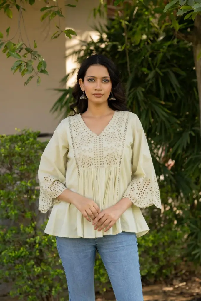 Ivory Grace Schiffli Peplum Top