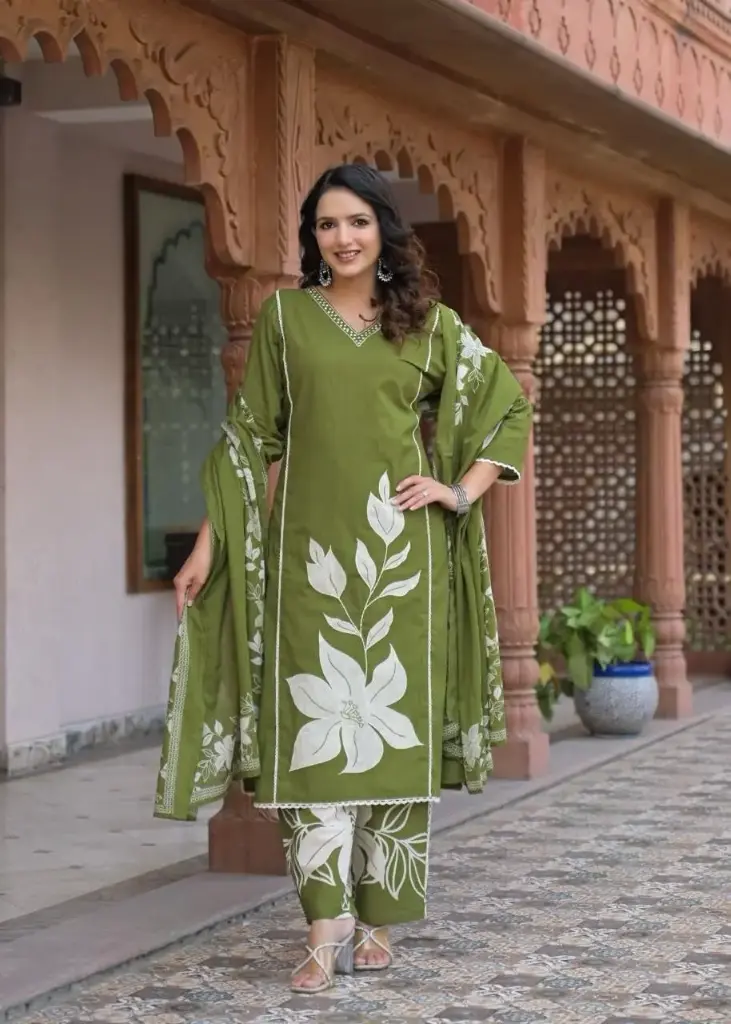 Olive Bloom Premium Cotton Suit Set