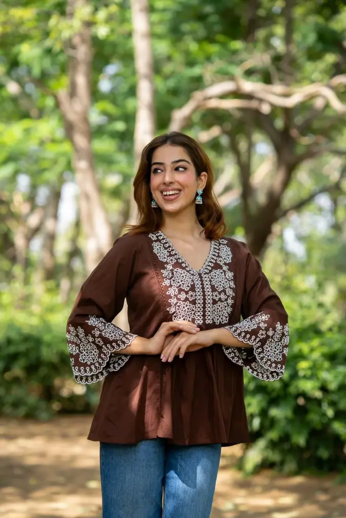 Cocoa Grace Embroidered Mull Top