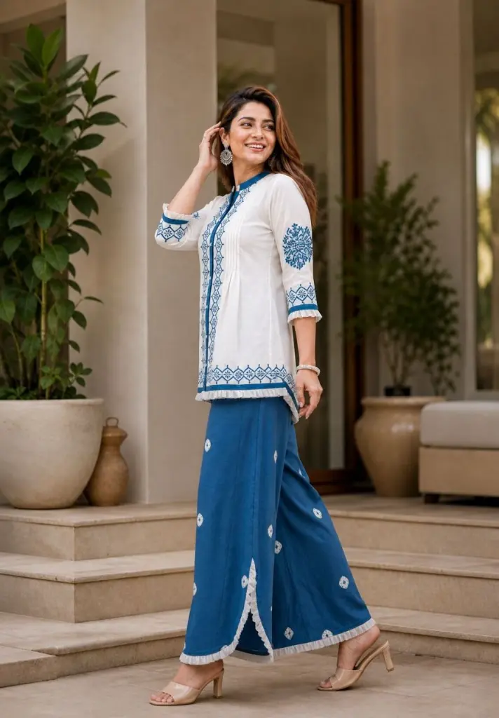 White & Royal Blue Embroidered Mull Cotton Co-Ord Set