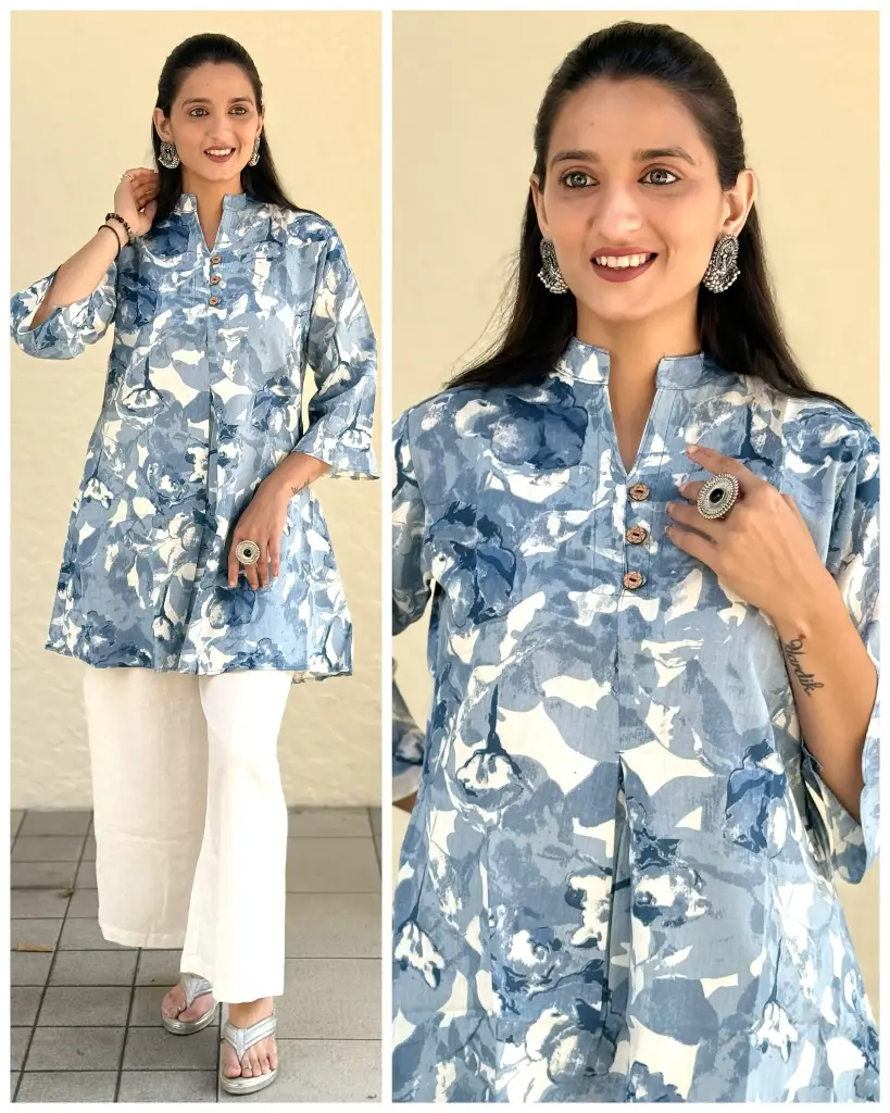 Blue Floral Flex Cotton Tunic Top for Women