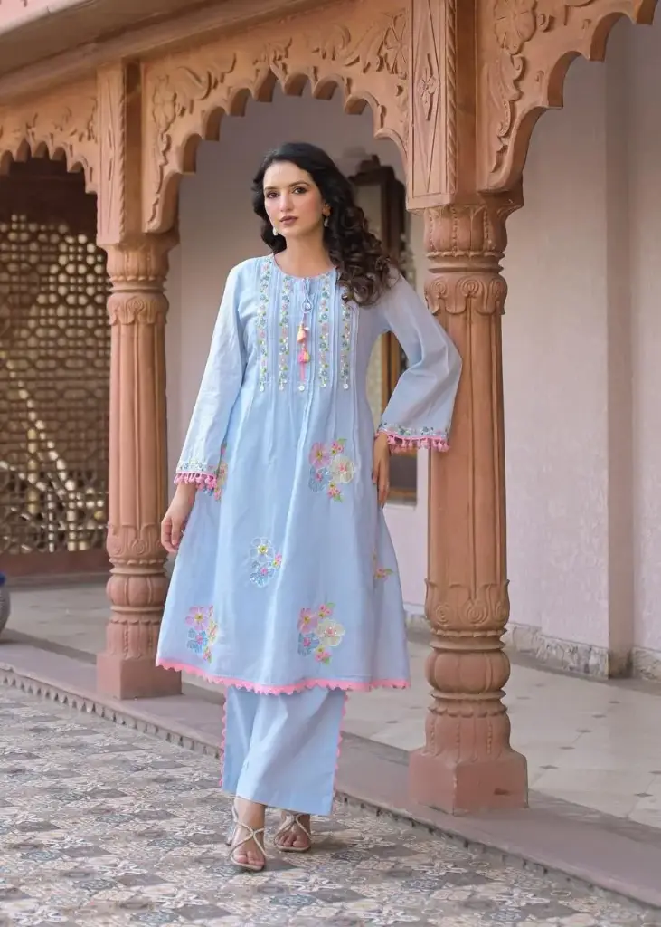 Sky Blossom Mull Cotton Kurta Set