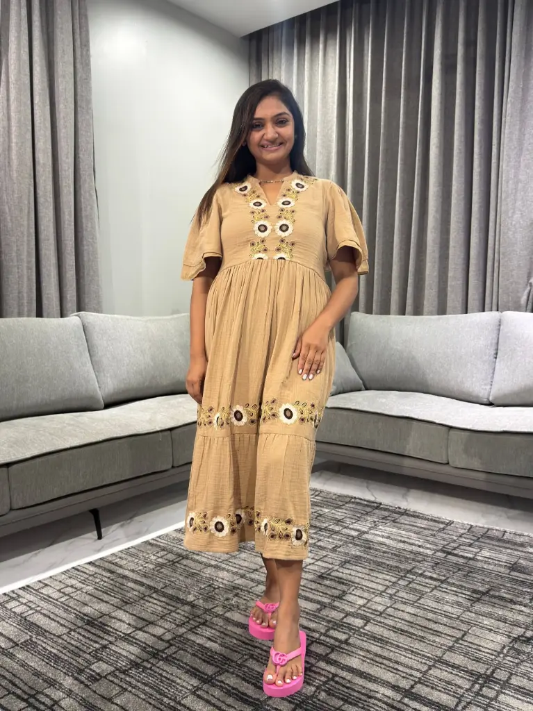 Sand Bloom Pure Cotton Midi Dress