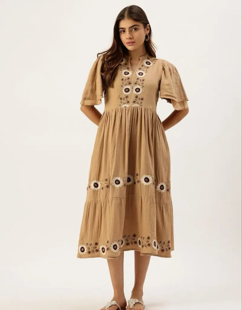 Sand Bloom Pure Cotton Midi Dress