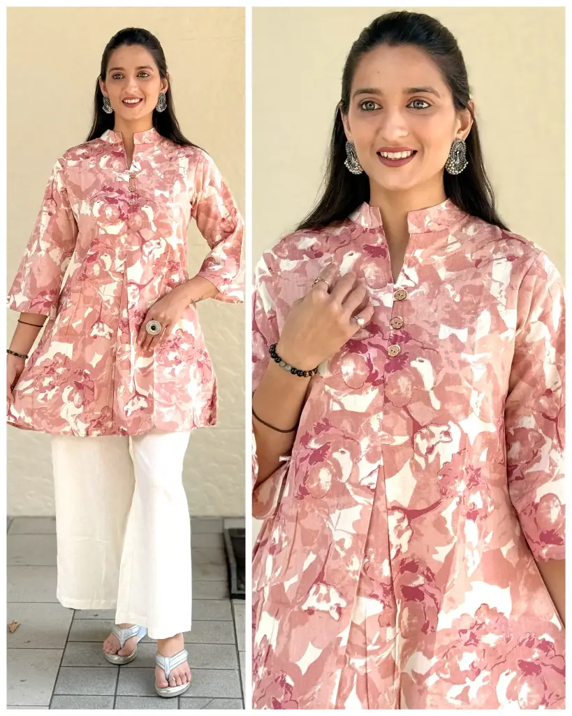 Dusty Pink Floral Flex Cotton Tunic Top for Women