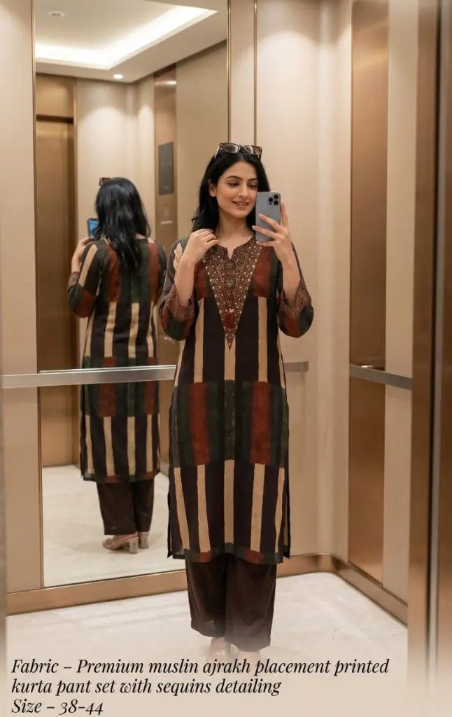 Mocha Ajrakh Stripe Muslin Kurta Set