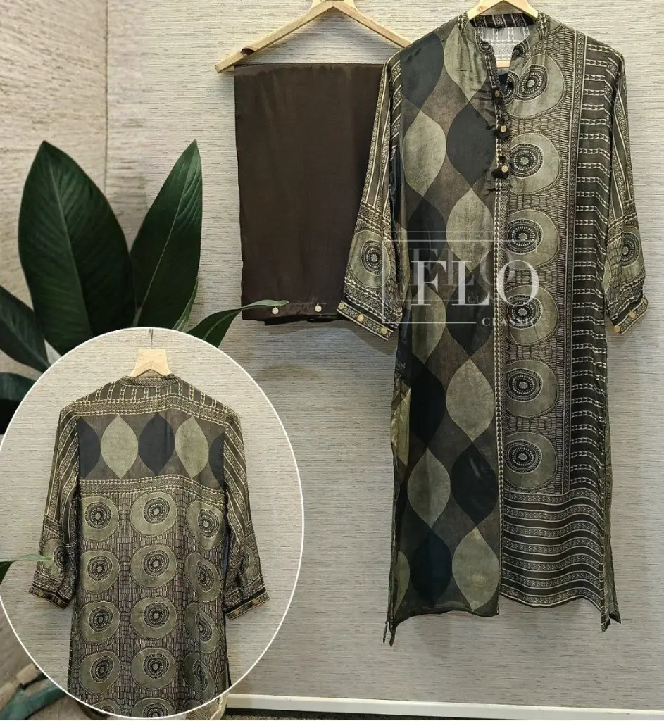 Olive Geometric Ajrakh Kurta Set