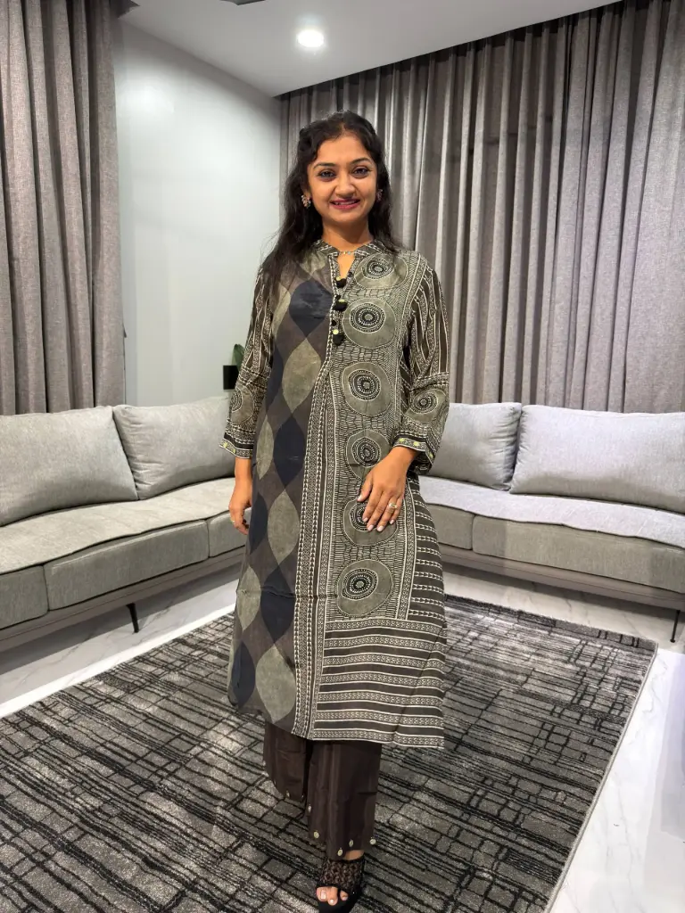Olive Geometric Ajrakh Kurta Set