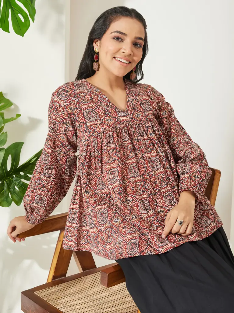 Red Pure Cotton Ajrakh Printed Peplum Top