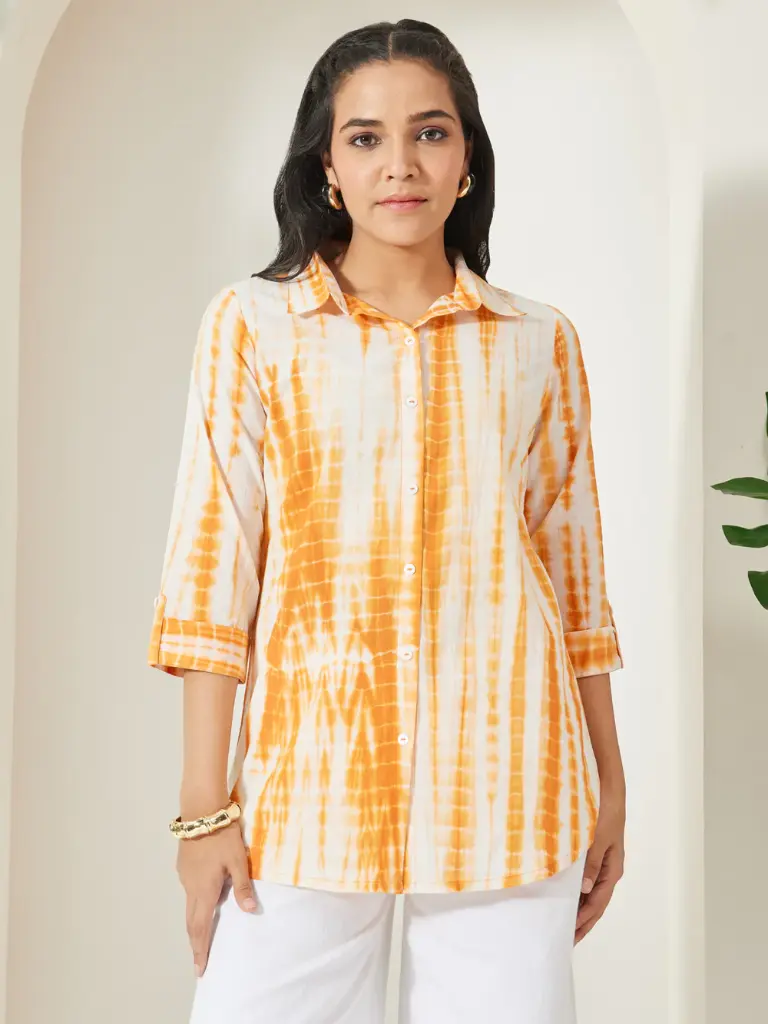 Orange Pure Cotton Tie & dye Printed Shirt Top