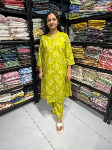 Olive Blossom Cotton Kurta Palazzo Set